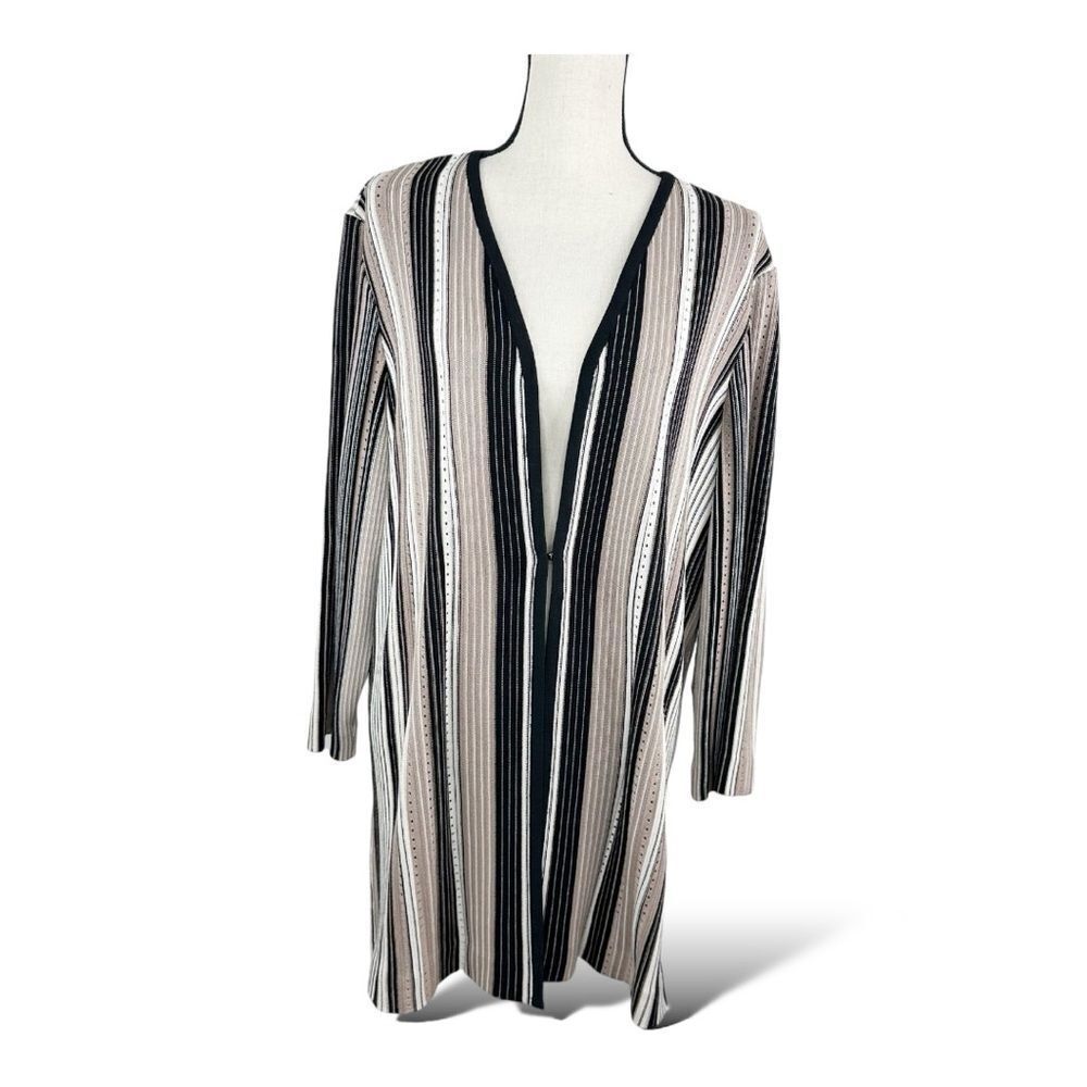 MING WANG Taupe/Black/White Open Front Knit‎ Duster Long Sleeve Jacket - Size 1X